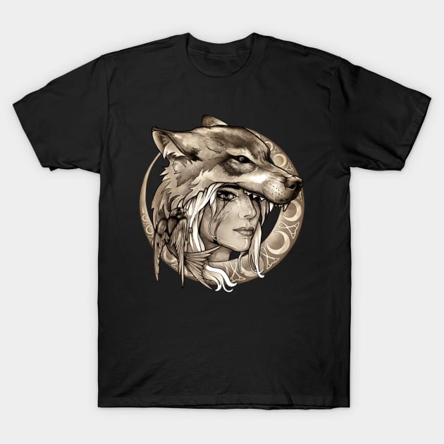 Wolf & Swallow - Art Nouveau Medallion [SEPIA] T-Shirt by Lix